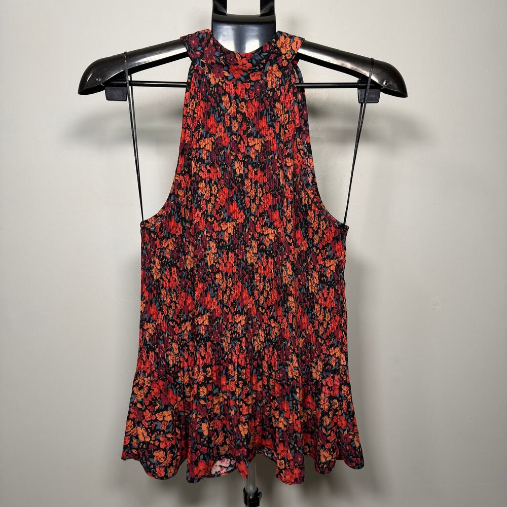 Pleione Floral Blouse Tank with High Neckline Red and Orange Women's Size Medium